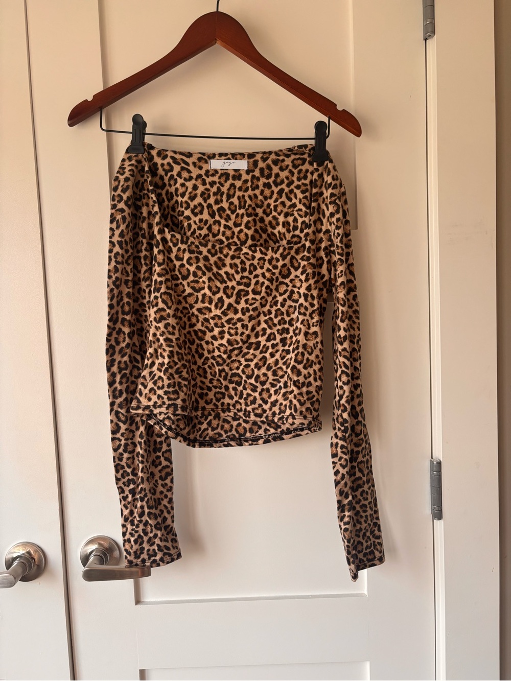 Leopard Print Long Sleeve Square Neck Tee - Beige